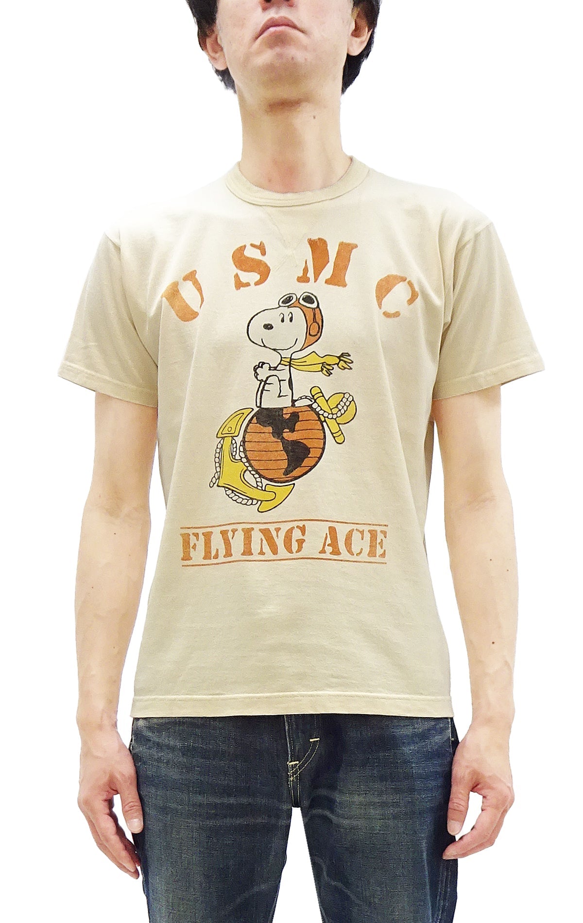 TOYS McCOY Graphic Loopwheel T-shirt - Men's Short Sleeve Flying Ace Snoopy x USMC Printed Tee TMC2527 Garment-Dyed Finish 040 Faded-Natural