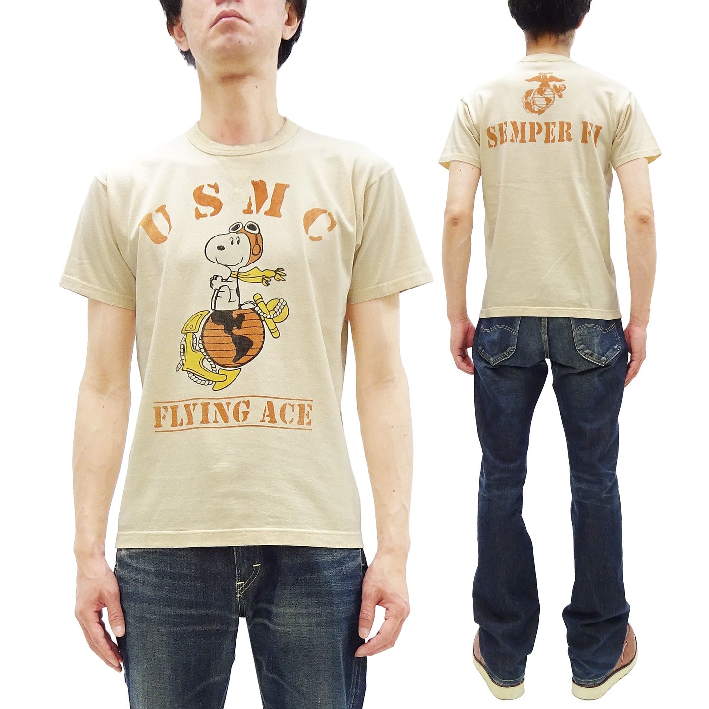 TOYS McCOY Graphic Loopwheel T-shirt - Men's Short Sleeve Flying Ace Snoopy x USMC Printed Tee TMC2527 Garment-Dyed Finish 040 Faded-Natural