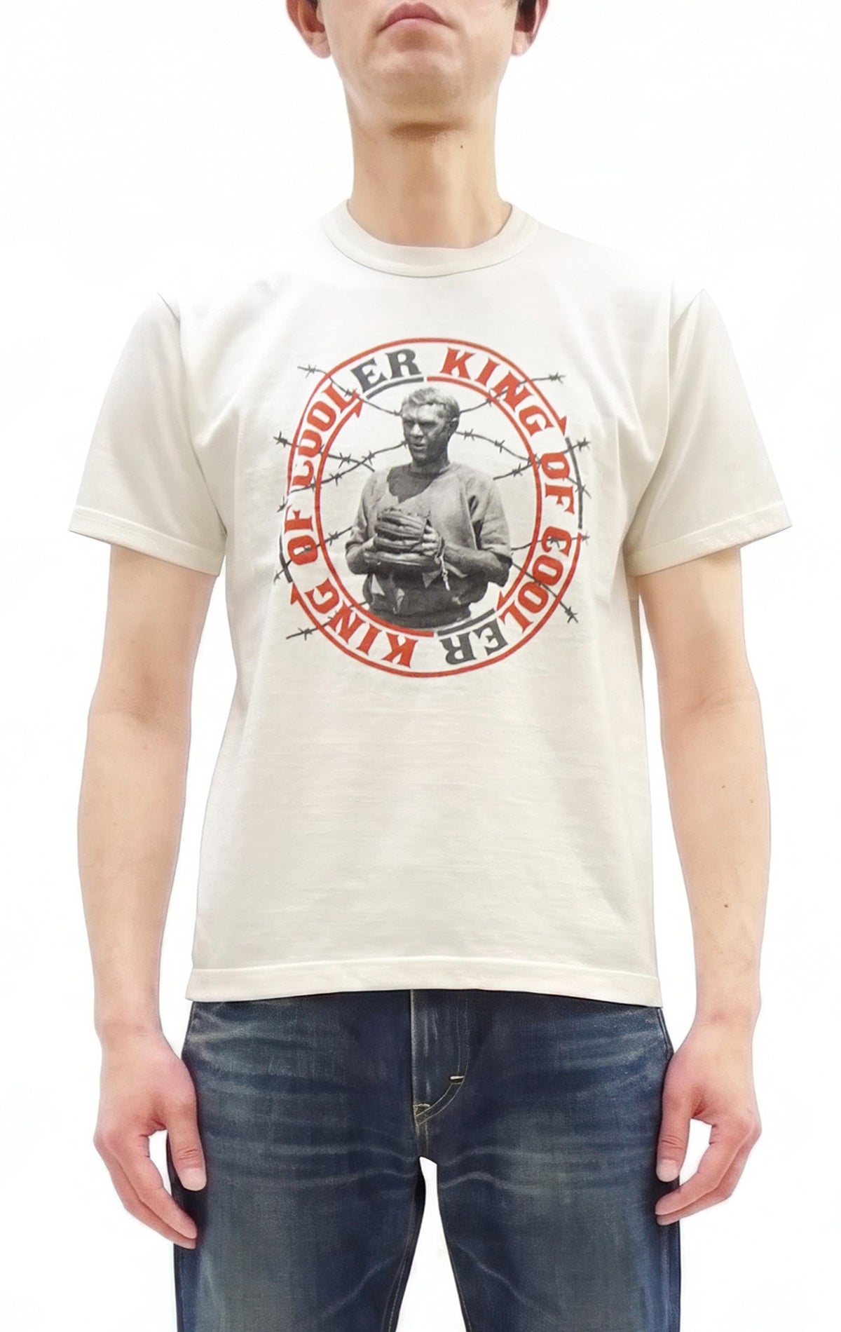 TOYS McCOY Men's Short-Sleeve Steve McQueen Graphic T-Shirt, Tubular Knit Jersey, One-Wash, Made in Japan (TMC2605 011 Soft Off-White)
