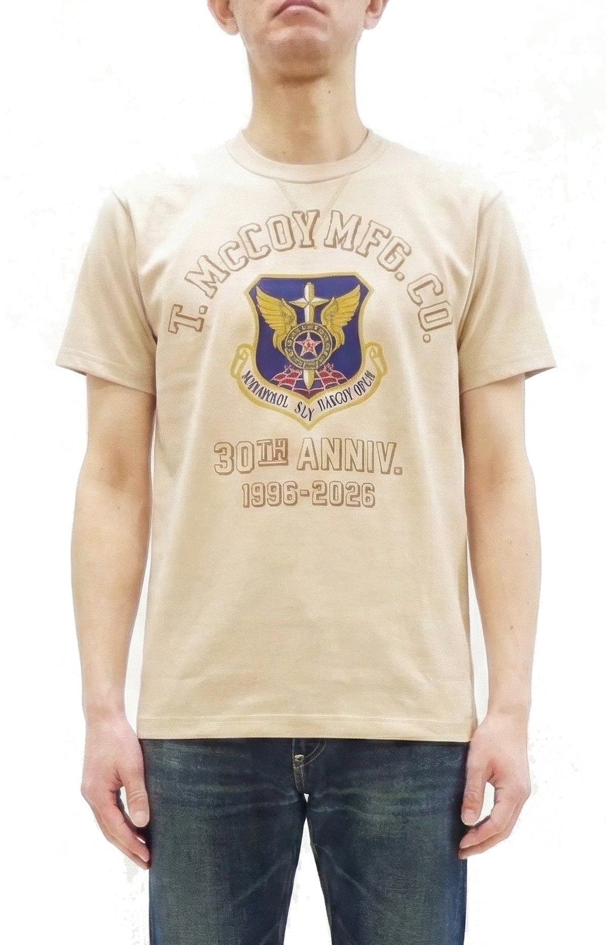 TOYS McCOY Men's Short Sleeve Military Graphic Vintage-Inspired T-Shirt, Loopwheel Tubular Tee with V-Gusset, Unwashed Finish, Made in Japan (TMC2608 041 Beige)