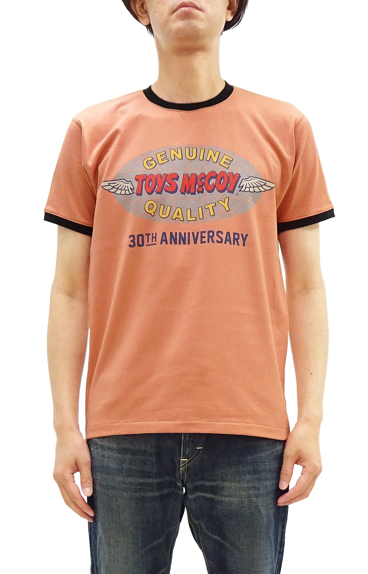 TOYS McCOY Men's 30th Anniversary Graphic Ringer T-Shirt, Heavyweight 100% Cotton Tubular Jersey Tee with No Side Seams, Unwashed, Made in Japan (TMC2609 Muted Carrot with Black Trim)
