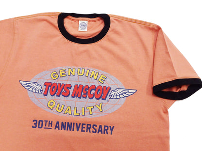 TOYS McCOY Men's 30th Anniversary Graphic Ringer T-Shirt, Heavyweight 100% Cotton Tubular Jersey Tee with No Side Seams, Unwashed, Made in Japan (TMC2609 Muted Carrot with Black Trim)