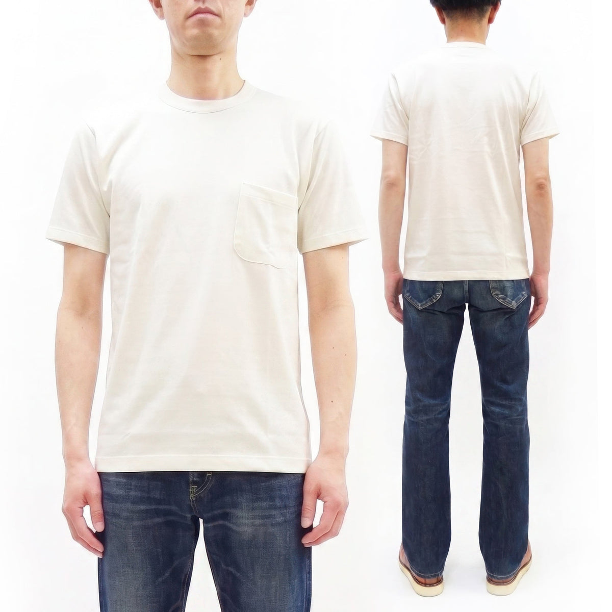 TOYS McCOY Men's Plain Short Sleeve Pocket T-Shirt - Steve McQueen Inspired, Tubular Knit Jersey, Unwashed, Made in Japan (TMC2615 011 Soft Off-White)