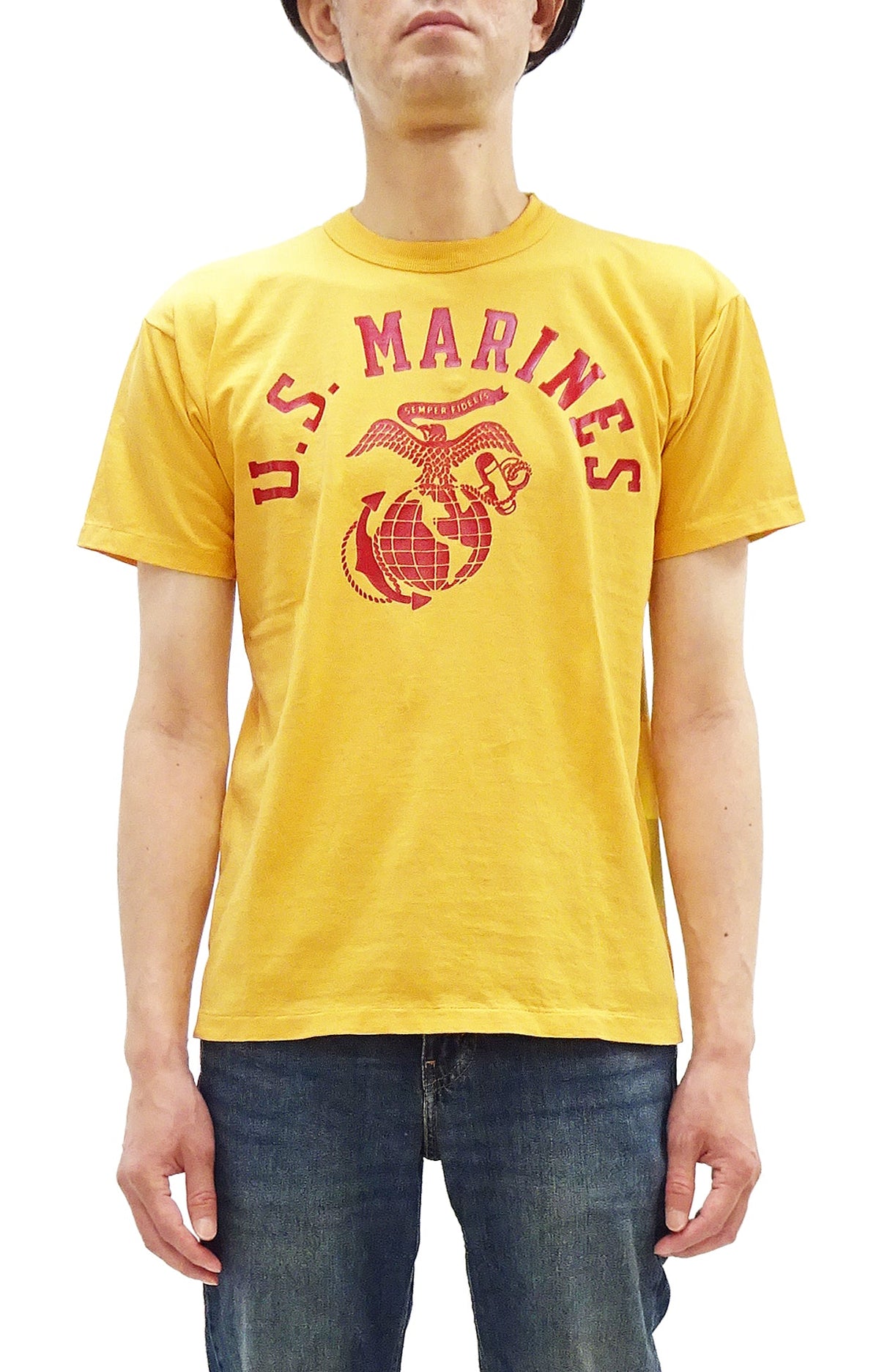 TOYS McCOY Men's Taxi Driver "U.S. Marines" Graphic Short Sleeve T-Shirt - Garment-Dyed Circular-Knit Tubular Tee - Made in Japan (TMC2624 060 Yellow)