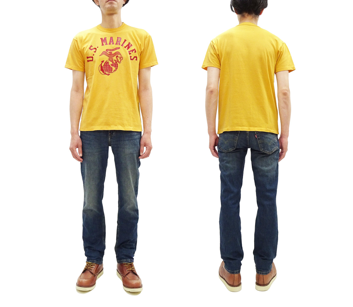 TOYS McCOY Men's Taxi Driver "U.S. Marines" Graphic Short Sleeve T-Shirt - Garment-Dyed Circular-Knit Tubular Tee - Made in Japan (TMC2624 060 Yellow)