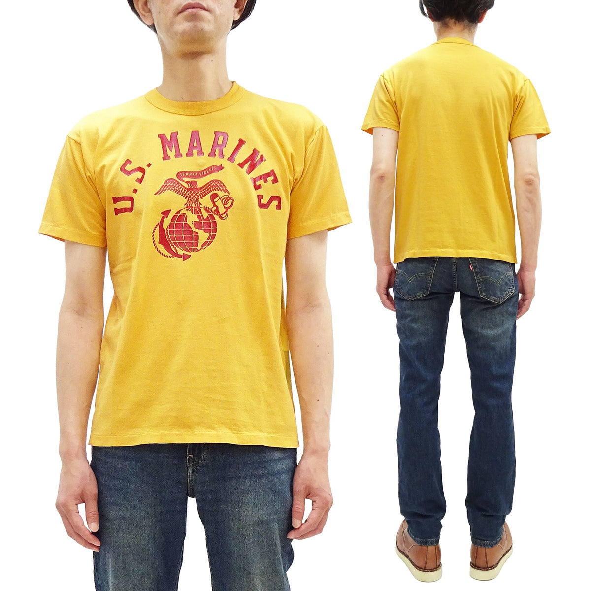 TOYS McCOY Men's Taxi Driver "U.S. Marines" Graphic Short Sleeve T-Shirt - Garment-Dyed Circular-Knit Tubular Tee - Made in Japan (TMC2624 060 Yellow)