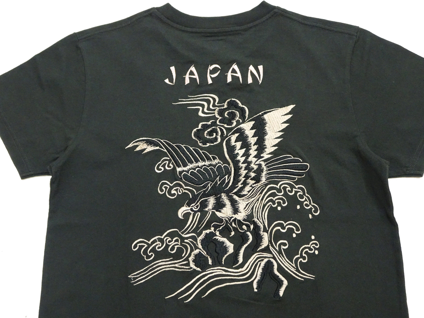 Tailor Toyo Men's Eagle-Embroidered Short Sleeve T-Shirt, Sukajan-Inspired Cotton Tee (Toyo Enterprises TT79742 118 Antique Black)