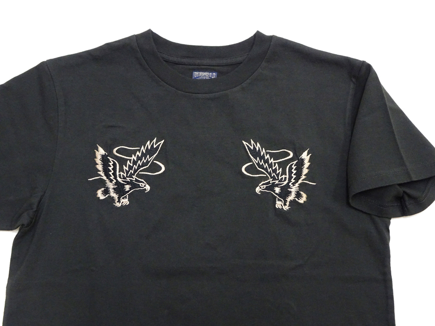 Tailor Toyo Men's Eagle-Embroidered Short Sleeve T-Shirt, Sukajan-Inspired Cotton Tee (Toyo Enterprises TT79742 118 Antique Black)
