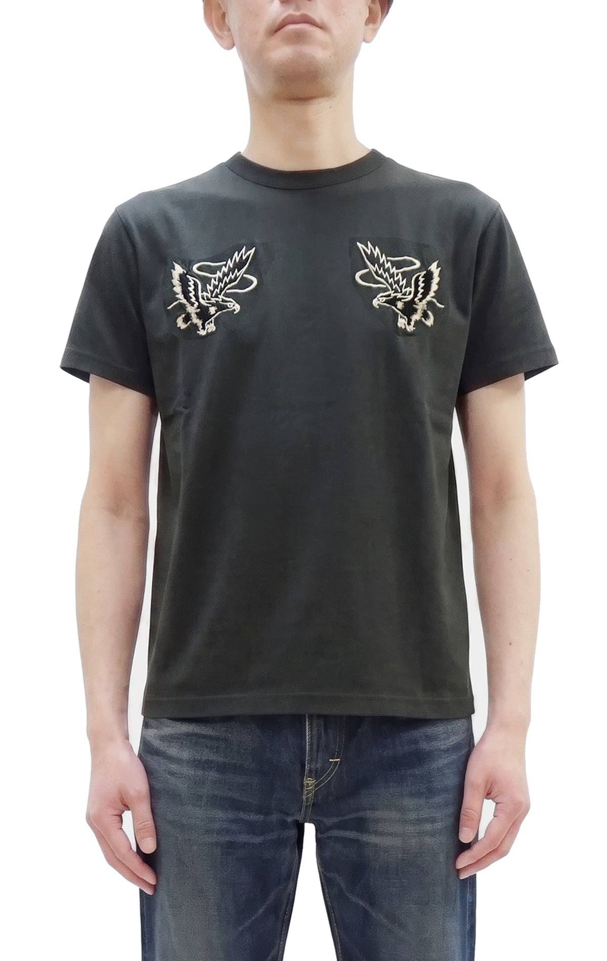 Tailor Toyo Men's Eagle-Embroidered Short Sleeve T-Shirt, Sukajan-Inspired Cotton Tee (Toyo Enterprises TT79742 118 Antique Black)
