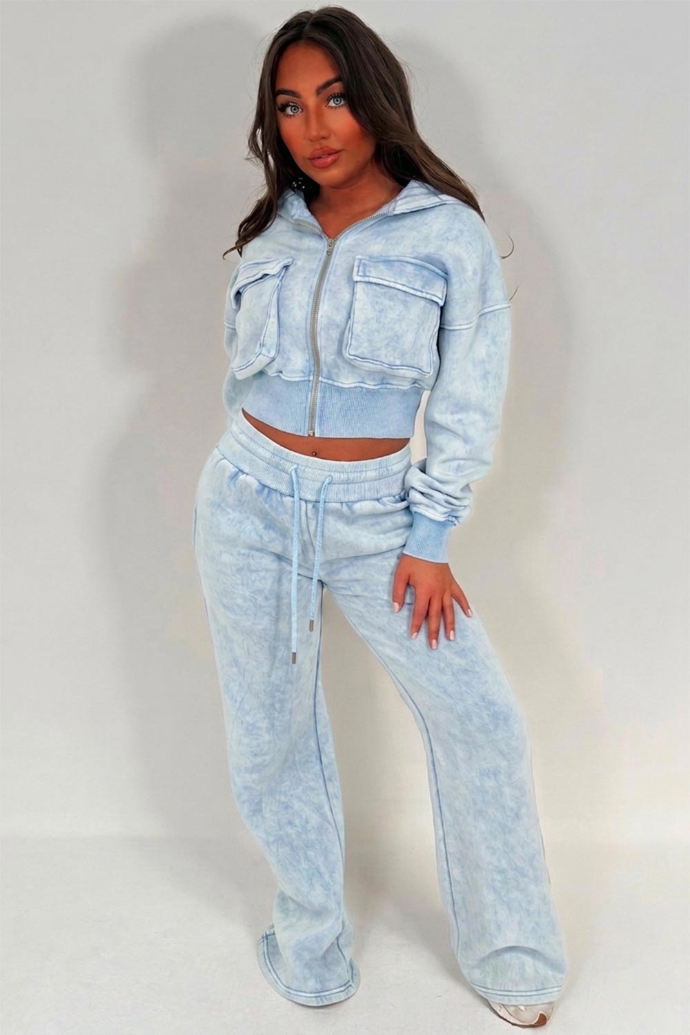 Crop Hoodie And Jogger Tracksuit Co Ord With Pockets Sky Blue