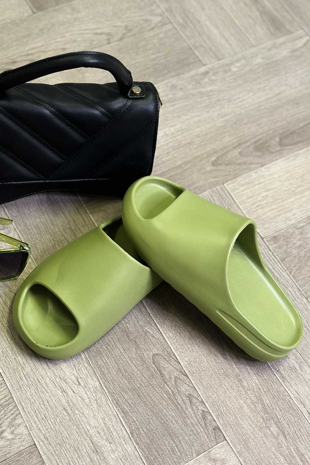 Chunky Sliders Ribbed Rubber Sole Khaki