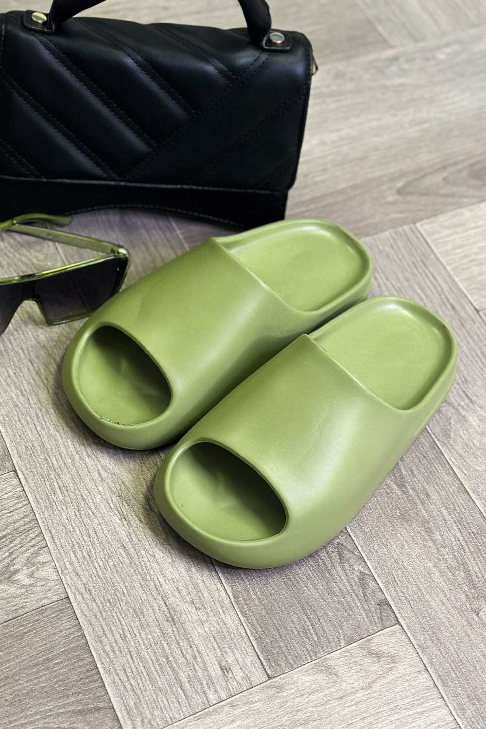 Chunky Sliders Ribbed Rubber Sole Khaki