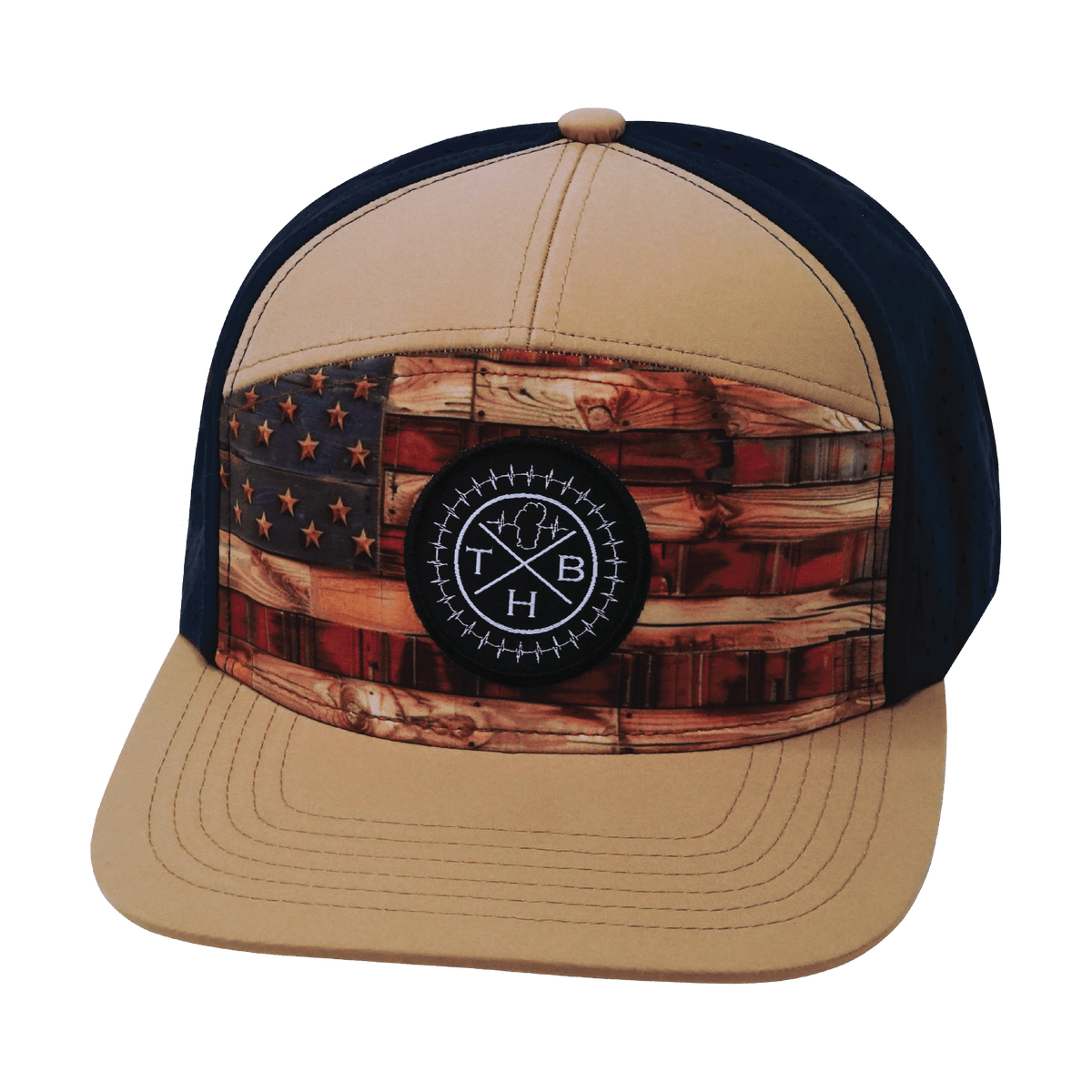 **YOUTH** Color Vibes Hat - Flat Bill - Stained Flag - Light Tan / Navy - Laser Mesh